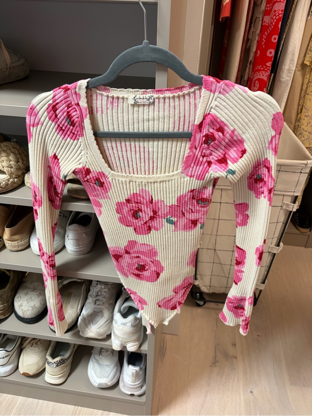 Cream Ribbed Long Sleeve Top with Pink Floral Print Bodysuit